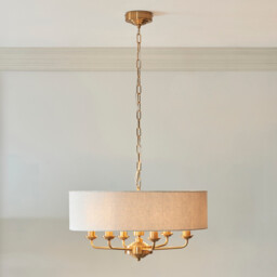 Highclere Multi Arm Pendant Ceiling Light Vintage Brass, Natural Linen, 6x E14 - thumbnail 2