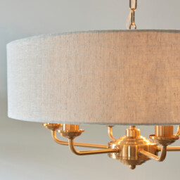 Highclere Multi Arm Pendant Ceiling Light Vintage Brass, Natural Linen, 6x E14 - thumbnail 3
