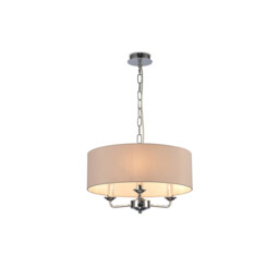 Banyan 3 Light Multi Arm Pendant, E14 Polished Chrome With 45cm x 15cm Dual Faux Silk Shade, Nude Beige/Moonlight