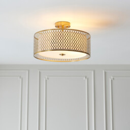 Cordero Decorative Flush Ceiling Lamp, Gold Effect Plate, White Fabric, Frosted Glass - thumbnail 3