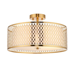 Cordero Decorative Flush Ceiling Lamp, Gold Effect Plate, White Fabric, Frosted Glass - thumbnail 1