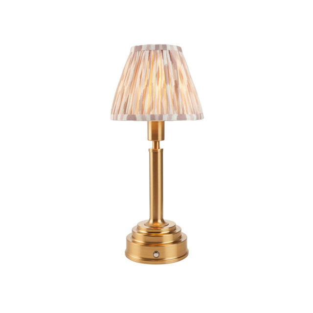 Upton Rechargeable Brushed Aged Brass Plate Table Lamp with Neutral Print Fabric Ikat Shade 16cm Integrated LED - image 1