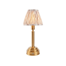 Upton Rechargeable Brushed Aged Brass Plate Table Lamp with Neutral Print Fabric Ikat Shade 16cm Integrated LED - thumbnail 1