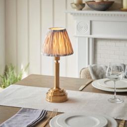 Upton Rechargeable Brushed Aged Brass Plate Table Lamp with Neutral Print Fabric Ikat Shade 16cm Integrated LED - thumbnail 2