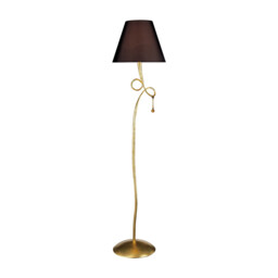 Paola Floor Lamp 1 Light E27, Gold Painted With Black Shade & Amber Glass Droplets