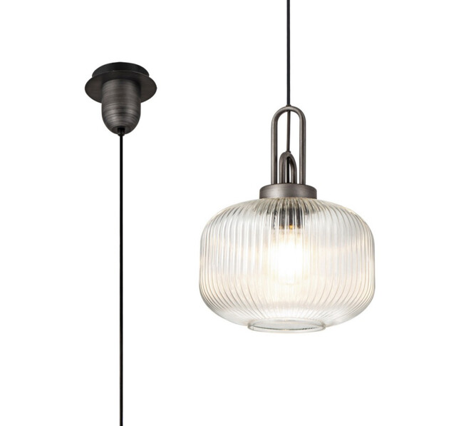 Yorktown 1 Light Pendant E27 30cm Pumpkin Shaped Ribbed Glass, Clear Black, Aged Pewter - image 1