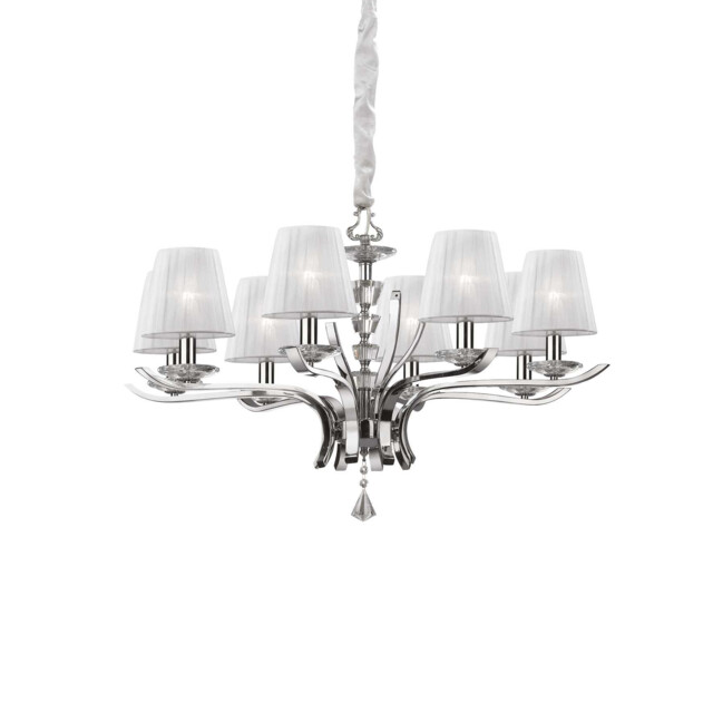 Pegaso 8 Light Crystal Multi Arm Chandelier Chrome, White Finish, E14