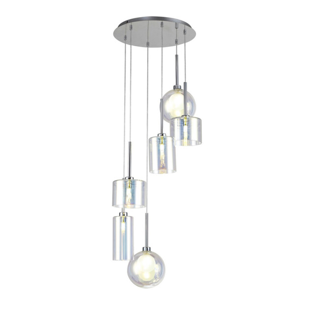 Baldwin 45cm Round Pendant 2.5m, 6 x G9, Polished Chrome/Iridescent/Frosted Type A,B,C Shade - image 1