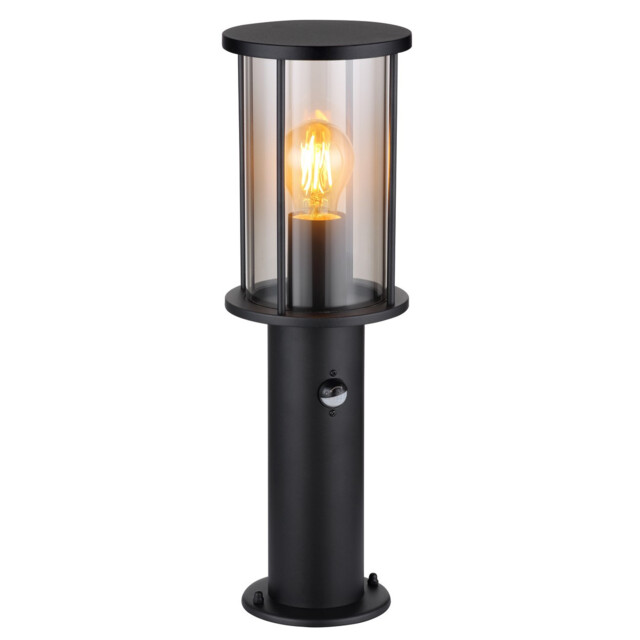 Gracey Outdoor Pedestal Light Matt Black IP54 Smoke Glass Shade 1x E27 Motion Sensor - image 1