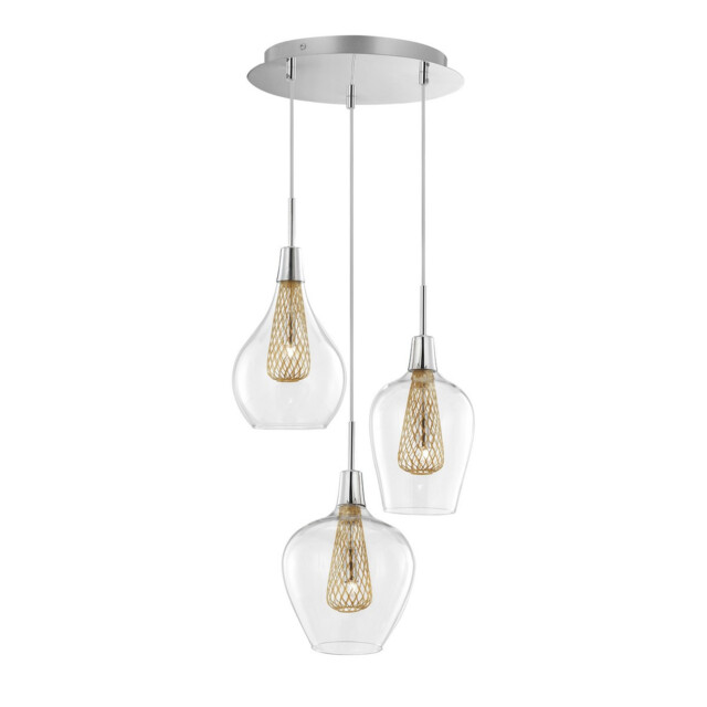 Filo 3 Light Cluster Pendant Ceiling Light Chrome Aluminium Clear Glass, Gold Frame LED G9 - image 1