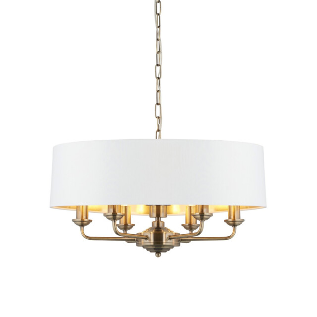 Highclere 6 Lamp Single Shade Pendant Ceiling Lamp, Antique Brass Plate, Vintage White Fabric - image 1