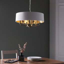 Highclere 6 Lamp Single Shade Pendant Ceiling Lamp, Antique Brass Plate, Vintage White Fabric - thumbnail 2
