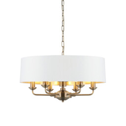Highclere 6 Lamp Single Shade Pendant Ceiling Lamp, Antique Brass Plate, Vintage White Fabric - thumbnail 1