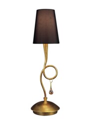 Paola Table Lamp 1 Light E14, Gold Painted with Black Shade & Amber Glass Droplets