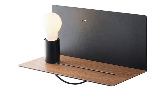 Flash Reading Usb Wall Lamp Shelf, Black, Wood, E27