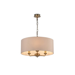 Banyan 3 Light Multi Arm Pendant, E14 Antique Brass With 50cm x 20cm Dual Faux Silk Shade, Nude Beige/Moonlight - thumbnail 1