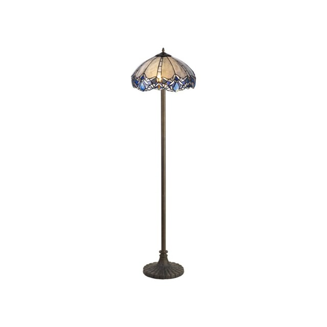 Worcester 2 Light Stepped Design Floor Lamp E27 With 40cm Tiffany Shade, Blue, Clear Crystal, Aged Antique Brass - image 1