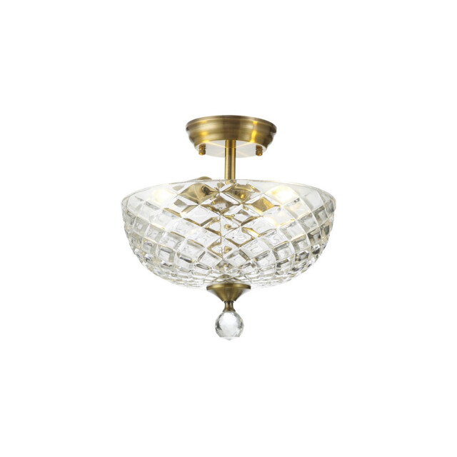 Dresden 2 Light Semi Flush Ceiling Lamp E27 With Flat Round 30cm Patterned Glass Shade Antique Brass, Clear - image 1
