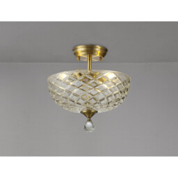 Dresden 2 Light Semi Flush Ceiling Lamp E27 With Flat Round 30cm Patterned Glass Shade Antique Brass, Clear - thumbnail 3