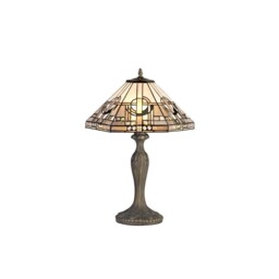 Ithaca 2 Light Curved Table Lamp E27 With 40cm Tiffany Shade, White, Grey, Black, Clear Crystal, Aged Antique Brass