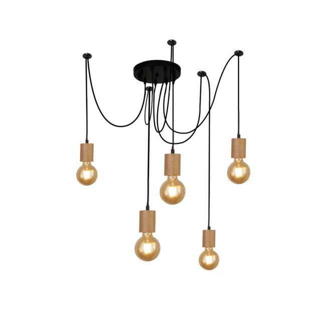 Spinny 5 Light Ceiling Pendant, Wood & Black Metal - image 1