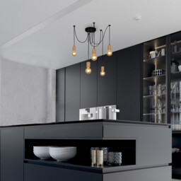 Spinny 5 Light Ceiling Pendant, Wood & Black Metal - thumbnail 2