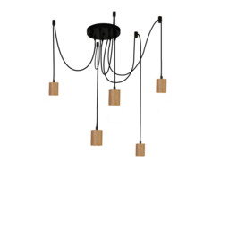 Spinny 5 Light Ceiling Pendant, Wood & Black Metal - thumbnail 3