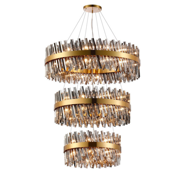 Lysander 3 Tier 60cm + 80cm + 1m Pendant, 18 + 24 + 32 Light G9, Brass/Smoke Item Weight: 70kg - image 1