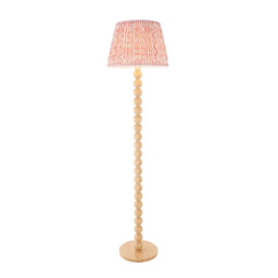 Cane Natural Bamboo Floor Lamp with Coral Pink Fabric Ripple Shade 40cm E27