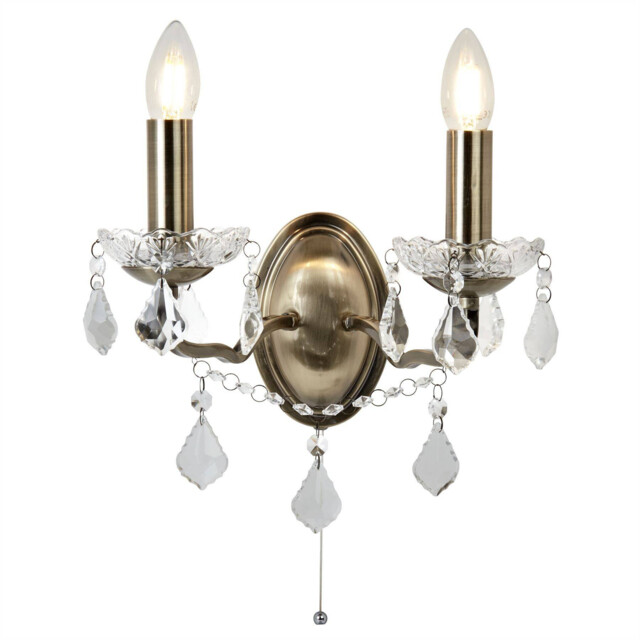 Paris 2 Light Indoor Candle Wall Light Antique Brass, Clear with Crystal Glass, E14 - image 1