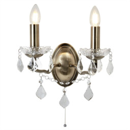 Paris 2 Light Indoor Candle Wall Light Antique Brass, Clear with Crystal Glass, E14 - thumbnail 1