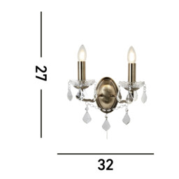 Paris 2 Light Indoor Candle Wall Light Antique Brass, Clear with Crystal Glass, E14 - thumbnail 2