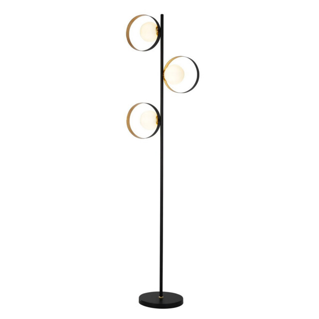 3 Light Matt Black And Gold Leaf Floor Light With Opal Glass - image 1
