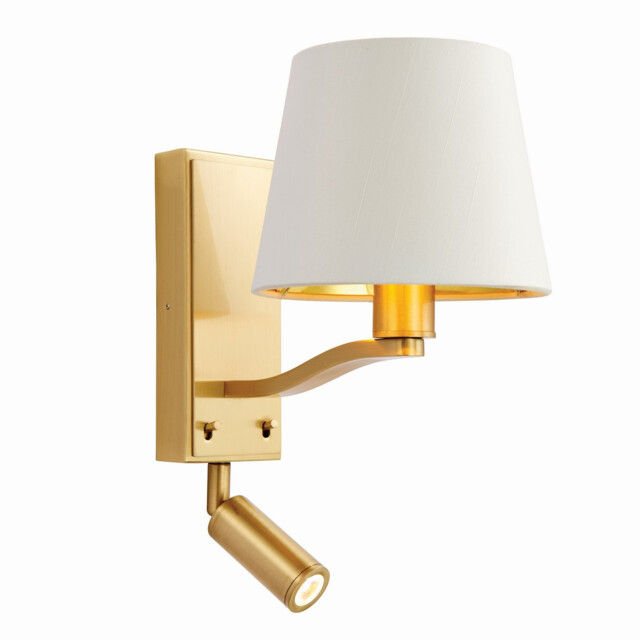Harvey Indoor Wall Reading Lamp Satin Brushed Gold, Vintage White Faux Silk, E14 - image 1