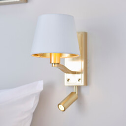Harvey Indoor Wall Reading Lamp Satin Brushed Gold, Vintage White Faux Silk, E14 - thumbnail 2