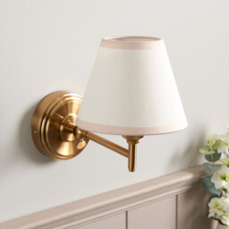 Step Fold Brushed Aged Brass Plate Wall Light with Vintage White Fabric Ivy Shade 16cm B22 - thumbnail 3