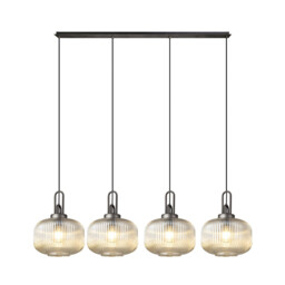 Yorktown Linear Pendant, 4 x E27, Aged Pewter/Matt Black With 30cm Pumpkin Shaped Ribbed Champagne Glass - thumbnail 1