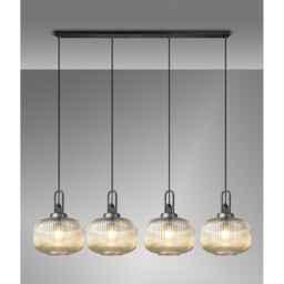 Yorktown Linear Pendant, 4 x E27, Aged Pewter/Matt Black With 30cm Pumpkin Shaped Ribbed Champagne Glass - thumbnail 3