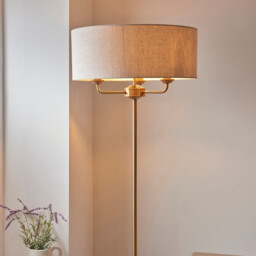 Highclere Floor Lamp with Shade Vintage Brass, Natural Linen, 3x E14 - thumbnail 5