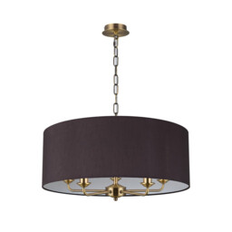 Banyan 5 Light Multi Arm Pendant, E14 Antique Brass With 60cm x 22cm Faux Silk Shade, Black/White Laminate - thumbnail 5
