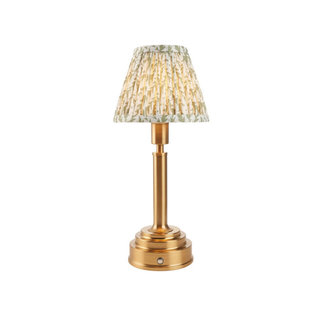 Upton Rechargeable Brushed Aged Brass Plate Table Lamp with Herb Garden Green Fabric Leaf Shade 16cm Integrated LED - image 1