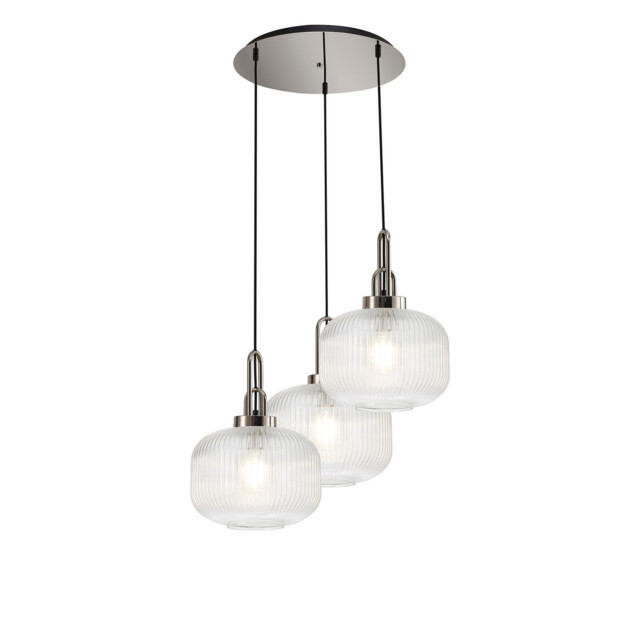 Yorktown 65cm 2m Round Pendant, 3 x E27, Polished Nickel/Matt Black With 30cm Pumpkin Shaped Ribbed Clear Glass - image 1