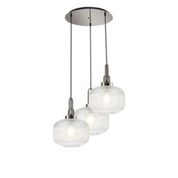 Yorktown 65cm 2m Round Pendant, 3 x E27, Polished Nickel/Matt Black With 30cm Pumpkin Shaped Ribbed Clear Glass - thumbnail 1