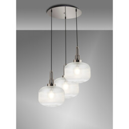 Yorktown 65cm 2m Round Pendant, 3 x E27, Polished Nickel/Matt Black With 30cm Pumpkin Shaped Ribbed Clear Glass - thumbnail 3