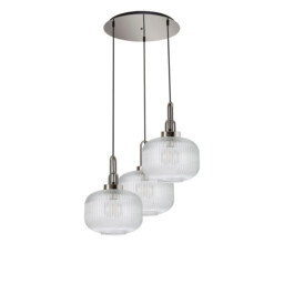 Yorktown 65cm 2m Round Pendant, 3 x E27, Polished Nickel/Matt Black With 30cm Pumpkin Shaped Ribbed Clear Glass - thumbnail 5