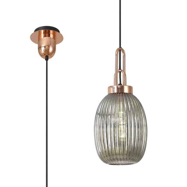 Yorktown Ceiling Pendant E27 With 20cm Almond Ribbed Glass, Smoked Copper, Matt Black - image 1