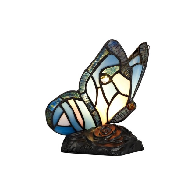 Huron Tiffany Butterfly Table Lamp, 1 x E14, Black Base With Blue, Pink Glass With Clear Crystal - image 1