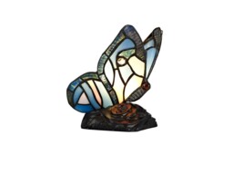 Huron Tiffany Butterfly Table Lamp, 1 x E14, Black Base With Blue, Pink Glass With Clear Crystal - thumbnail 5