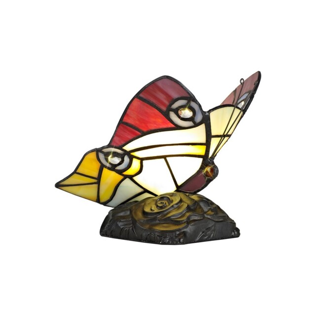 Huron Tiffany Butterfly Table Lamp, 1 x E14, Black Base With Red, Yellow, Blue Glass With Clear Crystal - image 1