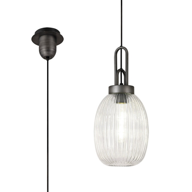 Yorktown Ceiling Pendant E27 20cm Almond Ribbed Glass, Clear Black, Aged Pewter - image 1